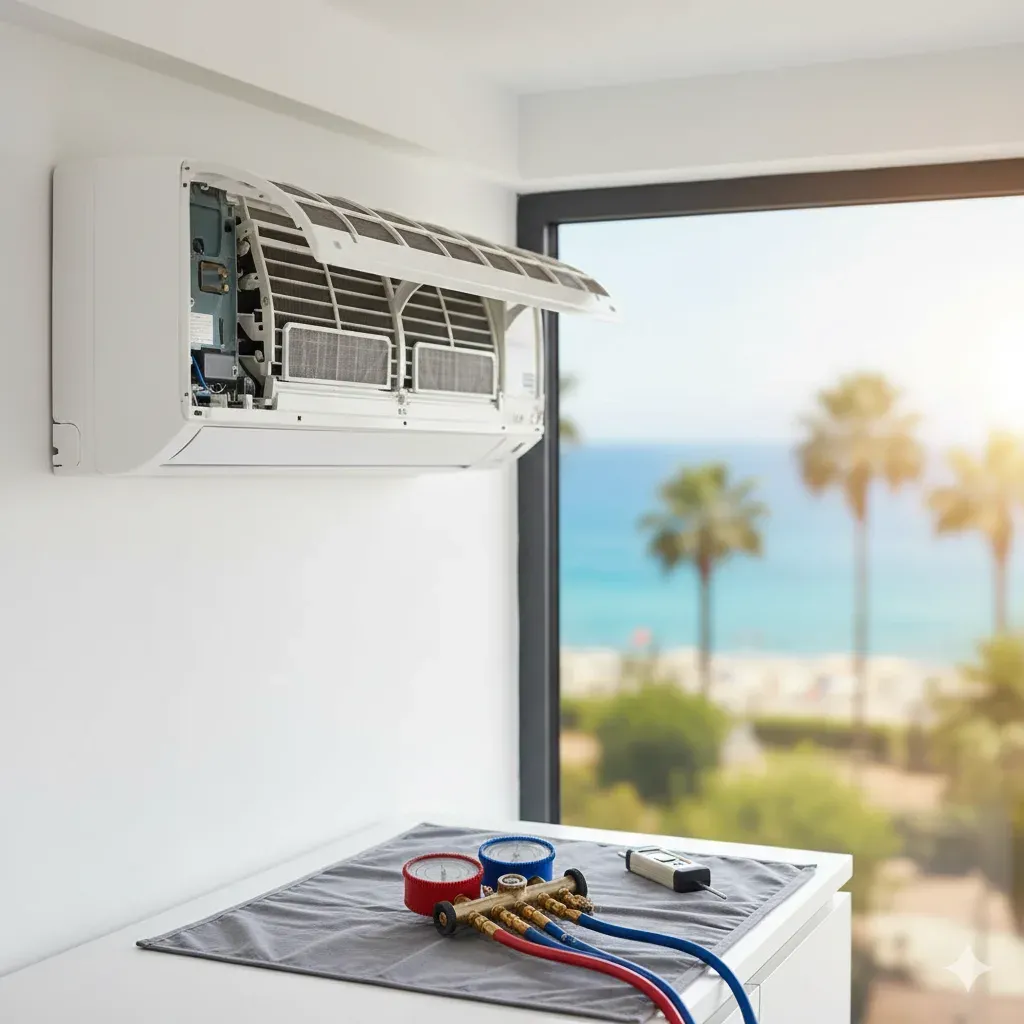 Konyaaltı'nda bakım ve tamir işlemi için kapağı sökülmüş bir klima iç ünitesi ve önünde profesyonel servis ekipmanları (manifold, hortumlar) ile insansız teknik servis sahnesi.