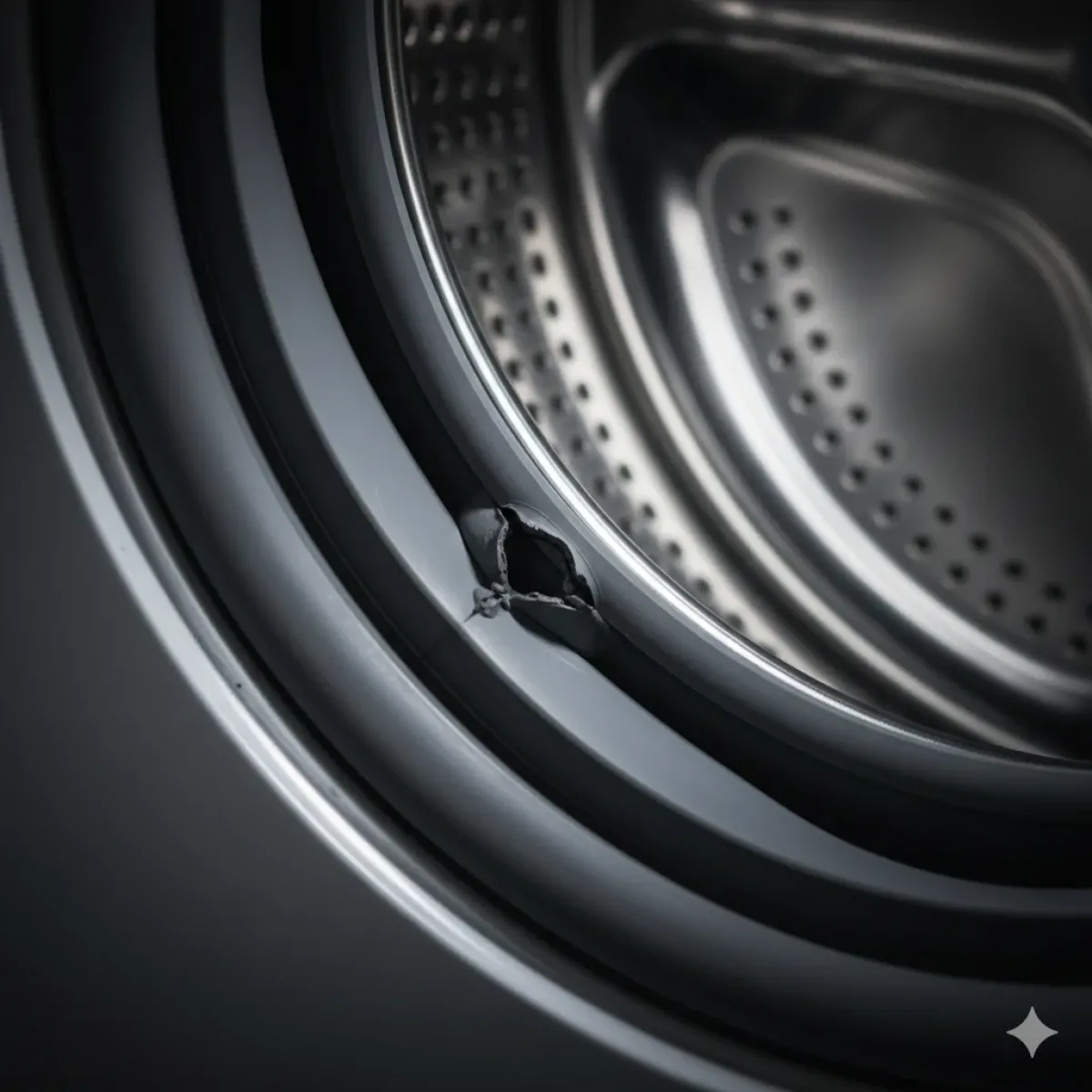 Konyaaltı'nda tamir bekleyen bir çamaşır makinesinin yırtık körük lastiğinin (conta) teknik ve yakın plan görüntüsü.