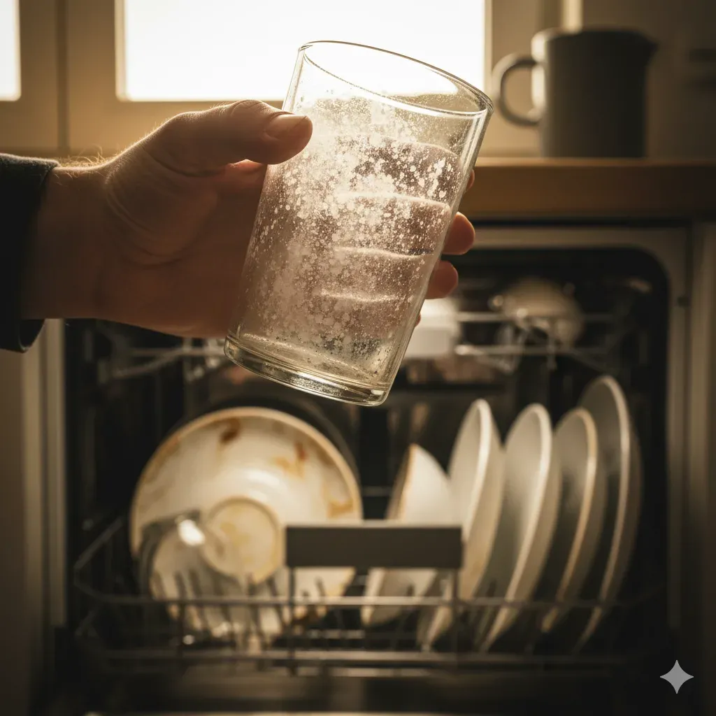 Bulaşık makinesi neden temiz yıkamaz? Bulaşık makinesinden yeni çıkmış buğulu ve lekeli bir cam bardak.