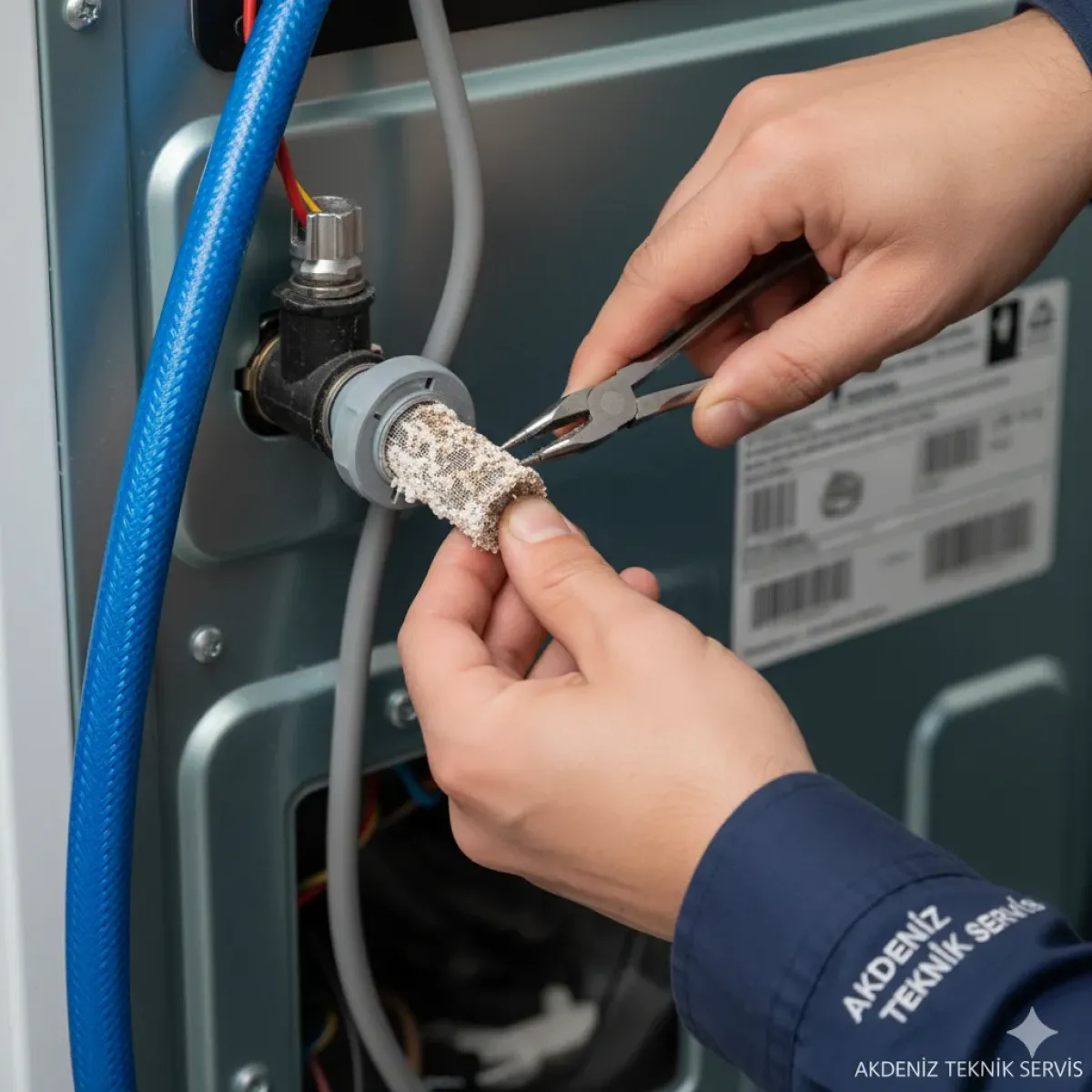 Çamaşır makinesi neden su almaz? Bir teknisyen, Antalya'da çamaşır makinesinin tıkanmış su giriş ventili filtresini temizliyor.