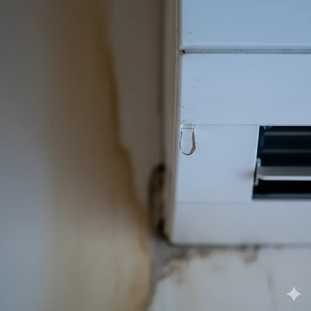 Klima neden su akıtır? Antalya'da bir evin duvarında su akıtan arızalı klima iç ünitesi.