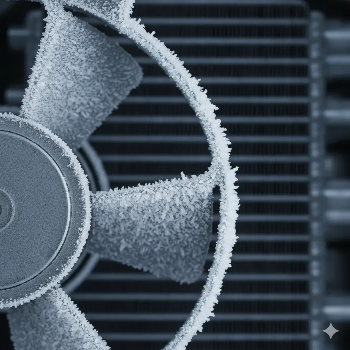 Buzdolabından gelen sesin yaygın bir nedeni olan; buzlanmış ve pervanesi buza sürten arızalı bir buzdolabı fan motorunun yakın plan görüntüsü.