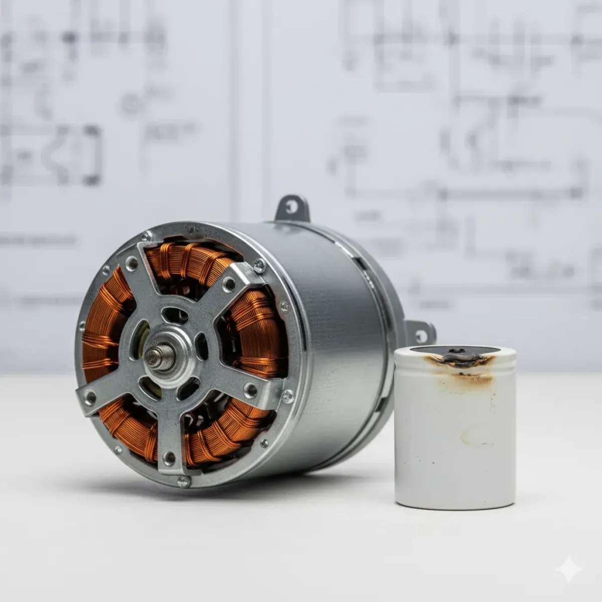 Bulaşık makinesinin su alıp çalışmamasının en yaygın nedeni olan arızalı sirkülasyon motoru kapasitörü ve motorun kendisinin teknik görünümü.