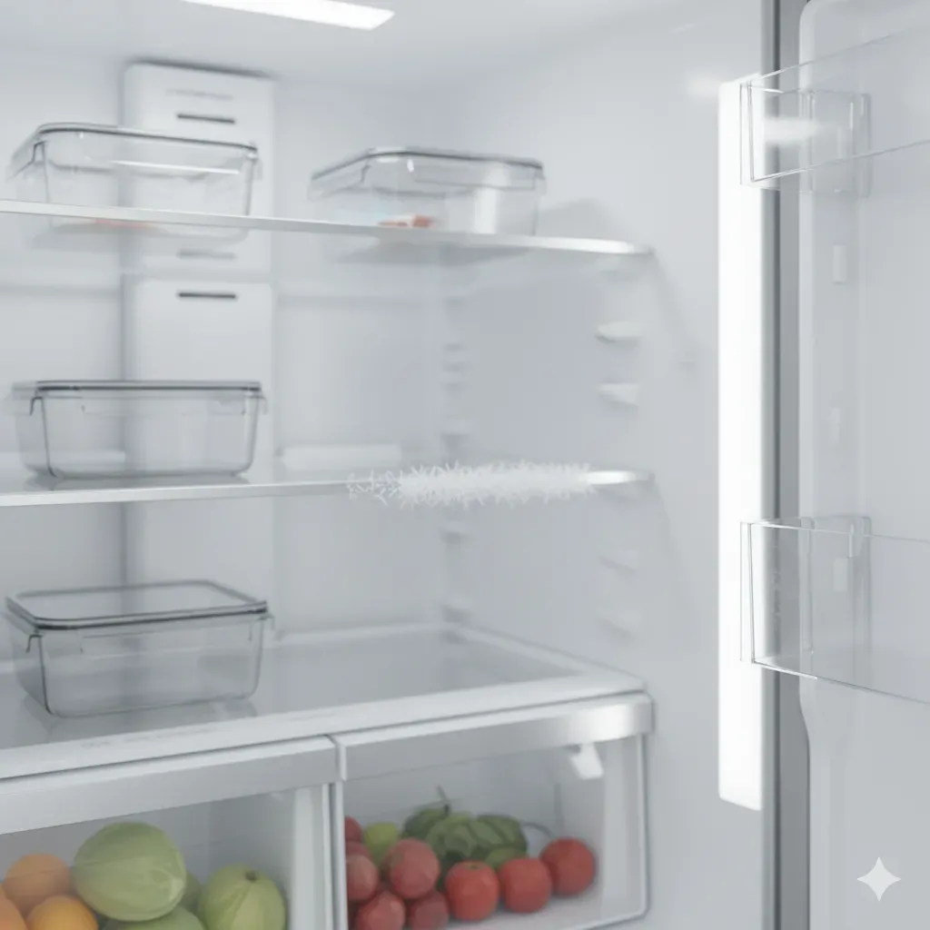 Muratpaşa'da tamir hizmeti bekleyen, içi aydınlatılmış, raflarında hafif buzlanma belirtisi gösteren modern bir buzdolabı içi.