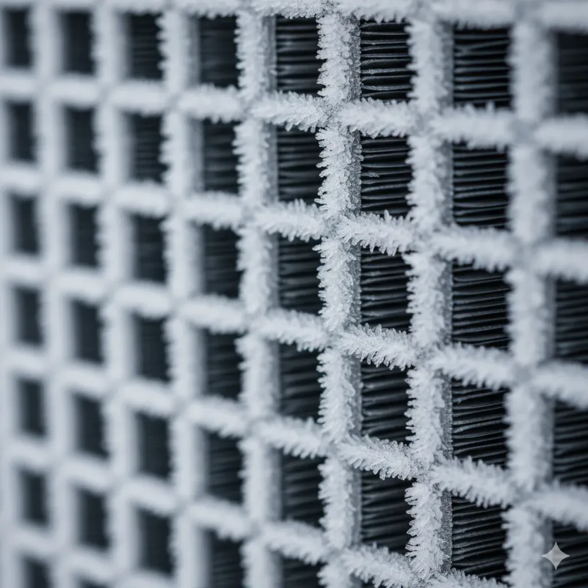 Kışın ısıtma modundayken buzlanan ve defrost (buz çözme) arızası yaşayan bir klima dış ünitesinin teknik yakın plan görüntüsü.