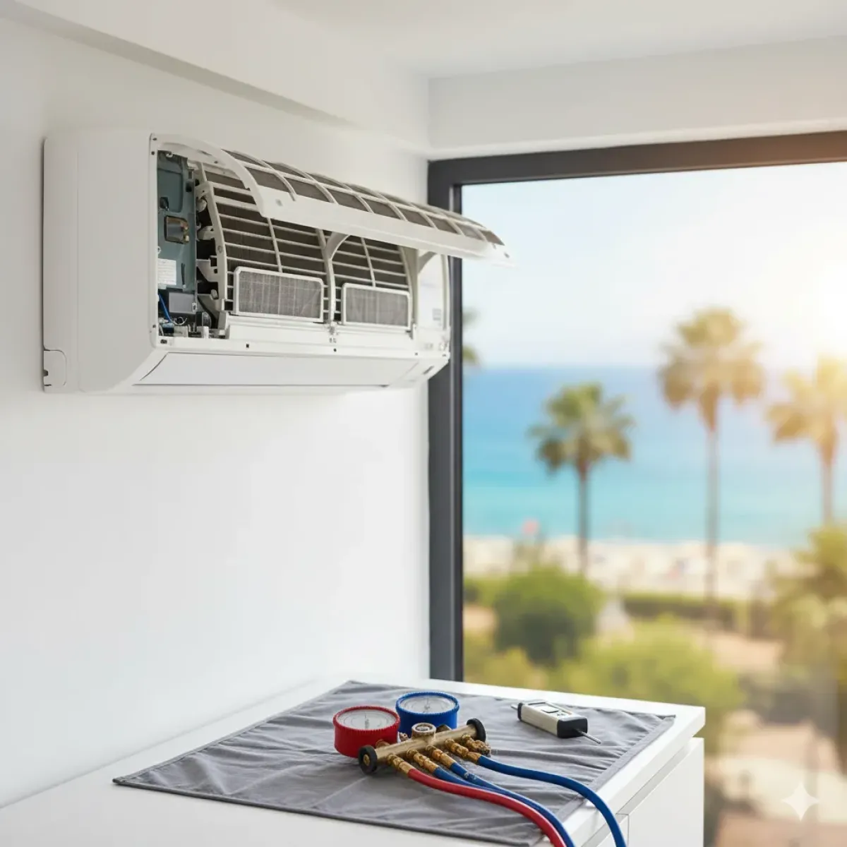 Konyaaltı'nda bakım ve tamir işlemi için kapağı sökülmüş bir klima iç ünitesi ve önünde profesyonel servis ekipmanları (manifold, hortumlar) ile insansız teknik servis sahnesi.