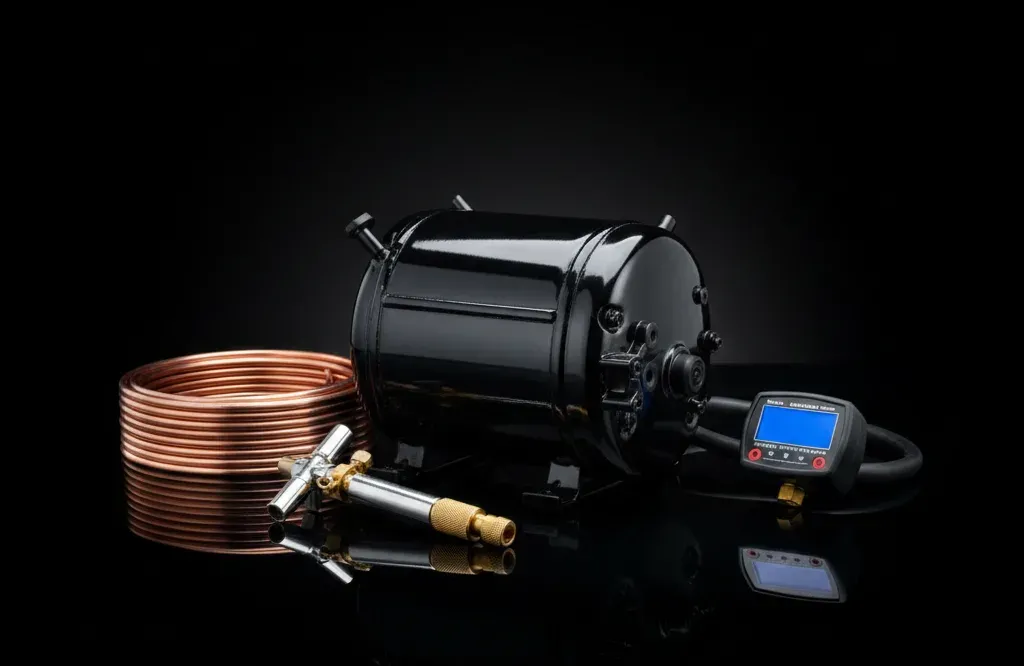 Konyaaltı'nda değişim için hazırlanmış, yanında bakır boru ve vakum saati bulunan orijinal, sıfır buzdolabı motoru (kompresörü).