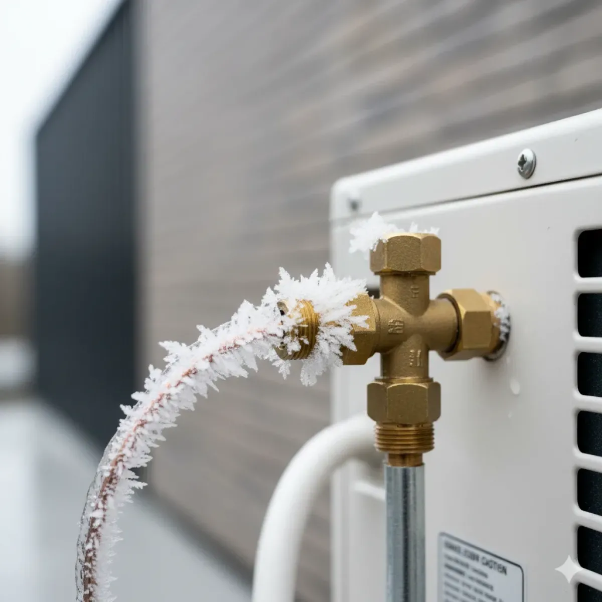 Klima gaz eksikliğinin en net belirtisi olan dış ünite borularında buzlanma ve karlanma sorununun yakın plan teknik görüntüsü.