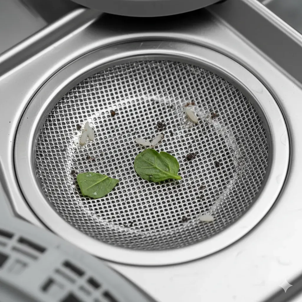 Kepez'de tamir ihtiyacı olan bir bulaşık makinesinin tıkanmış alt filtresinin, sorunu gösteren yakın plan teknik fotoğrafı.