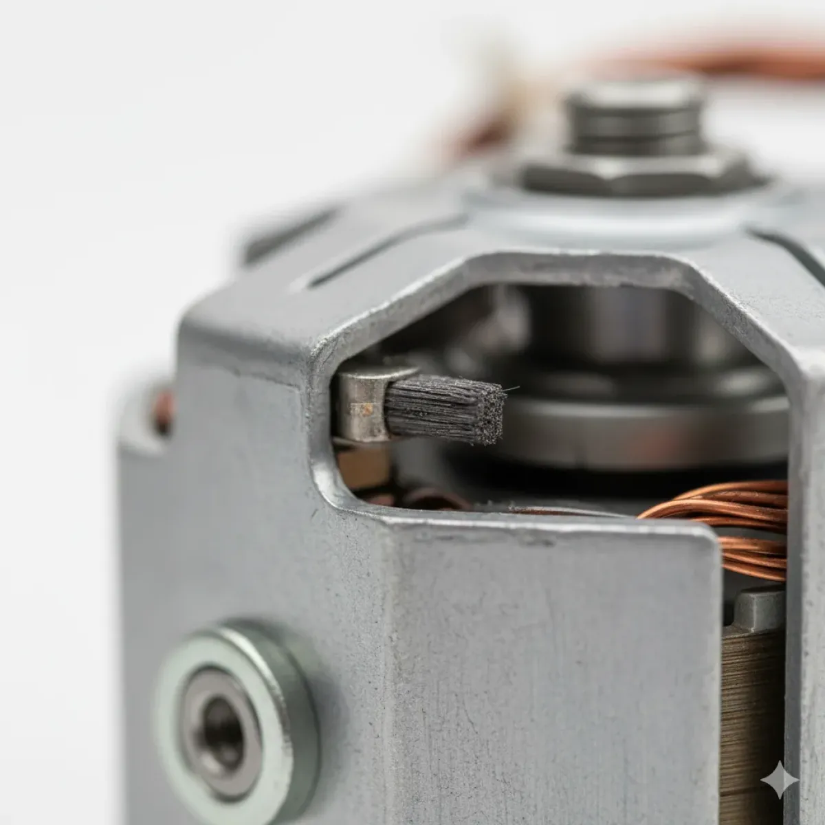 Çamaşır makinesi kazanının dönmemesine neden olan, aşınmış ve bitmiş bir motor kömürünün teknik detaylarını gösteren yakın plan görüntü.