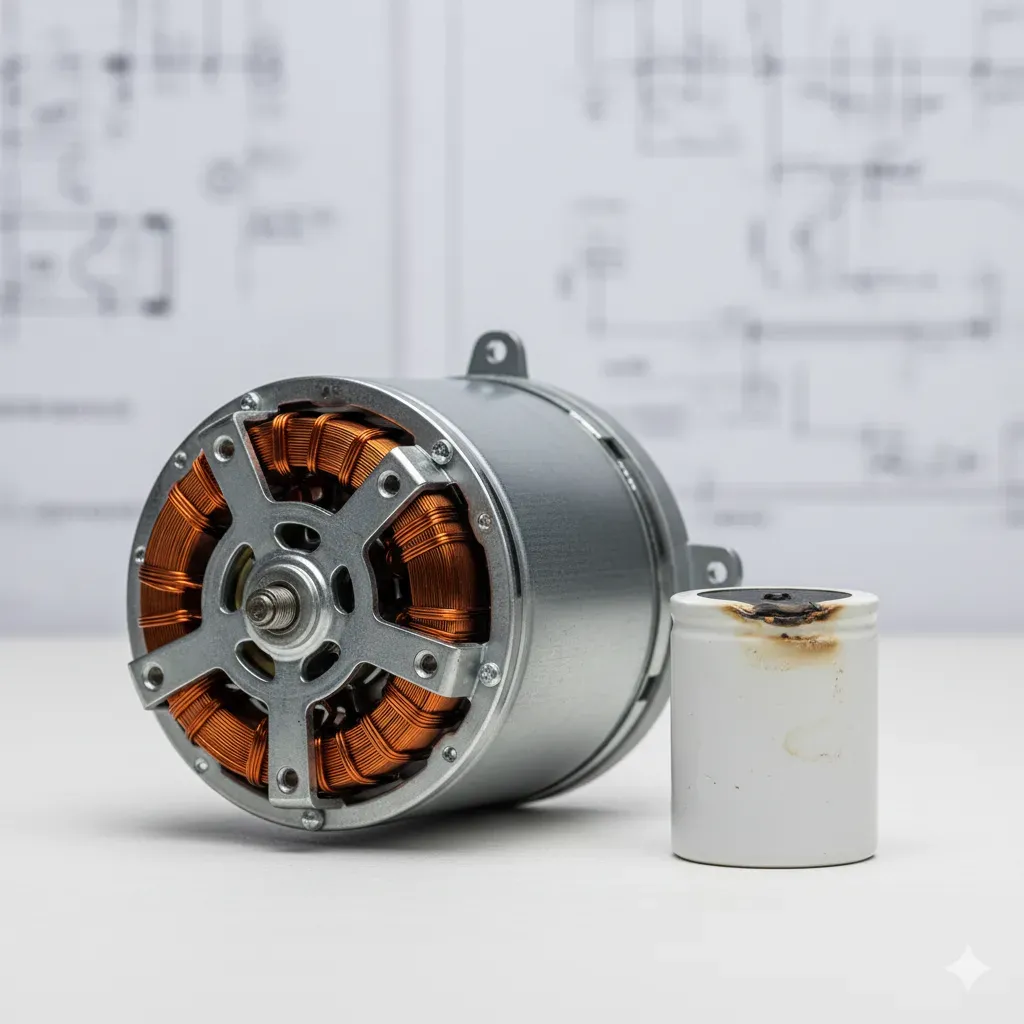 Bulaşık makinesinin su alıp çalışmamasının en yaygın nedeni olan arızalı sirkülasyon motoru kapasitörü ve motorun kendisinin teknik görünümü.