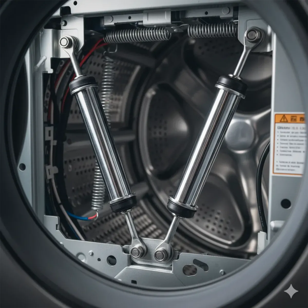 Kepez'de çamaşır makinesi tamiri için kullanılan sağlam bir metal amortisör parçasının teknik detaylarını gösteren yakın plan görüntü.