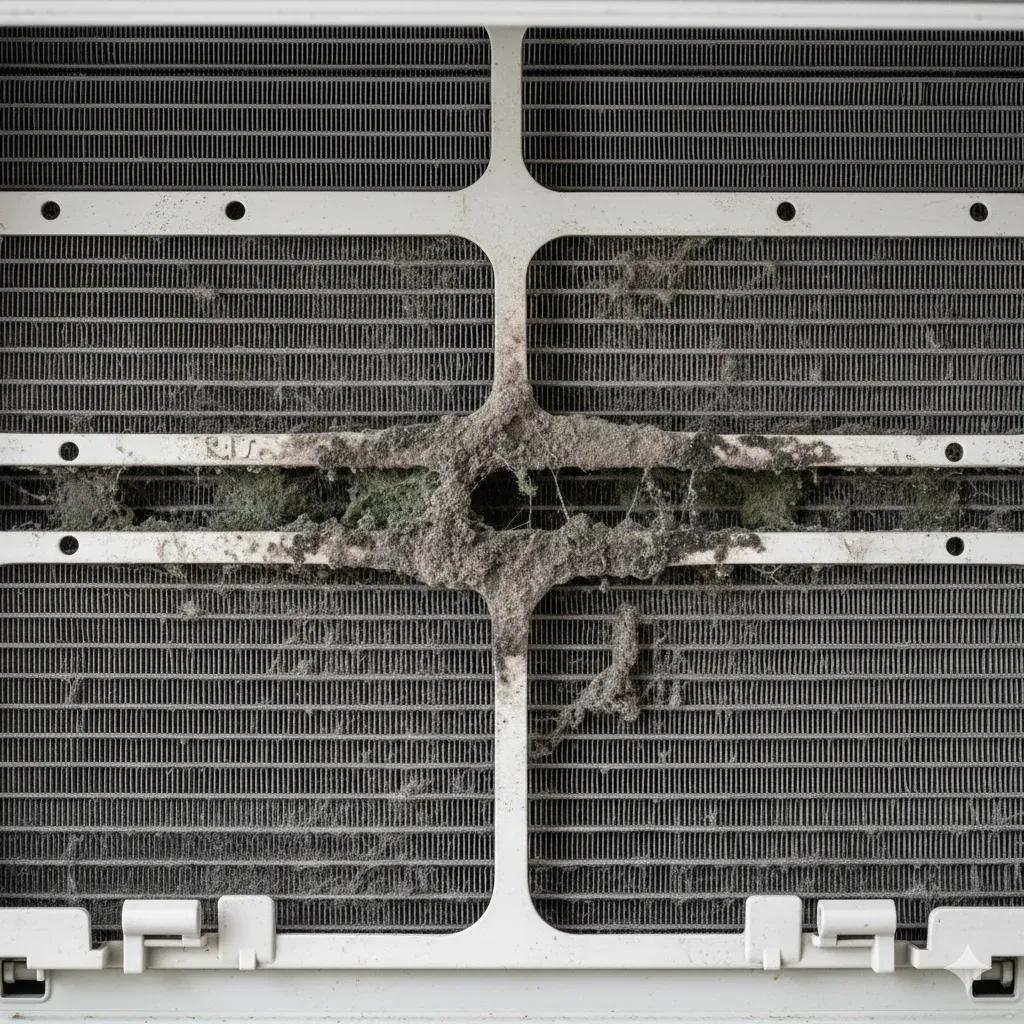 Klimadan gelen kötü kokunun ana kaynağı olan; toz, nem ve küfle kaplanmış kirli klima iç ünite peteklerinin yakından görünümü.