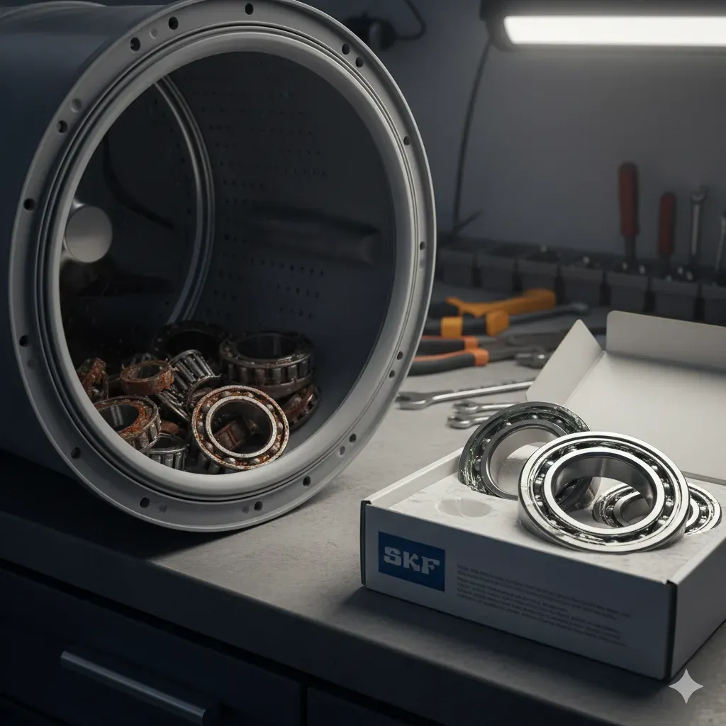 Muratpaşa'da çamaşır makinesi kazan tamiri sırasında çıkarılan paslı eski rulmanlar ve takılmaya hazır yeni orijinal rulman seti.