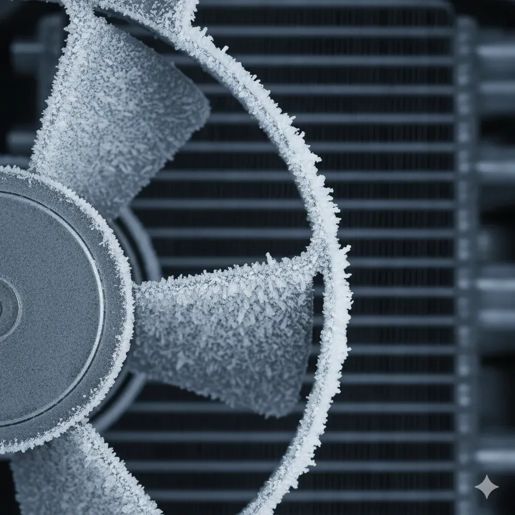 Buzdolabından gelen sesin yaygın bir nedeni olan; buzlanmış ve pervanesi buza sürten arızalı bir buzdolabı fan motorunun yakın plan görüntüsü.