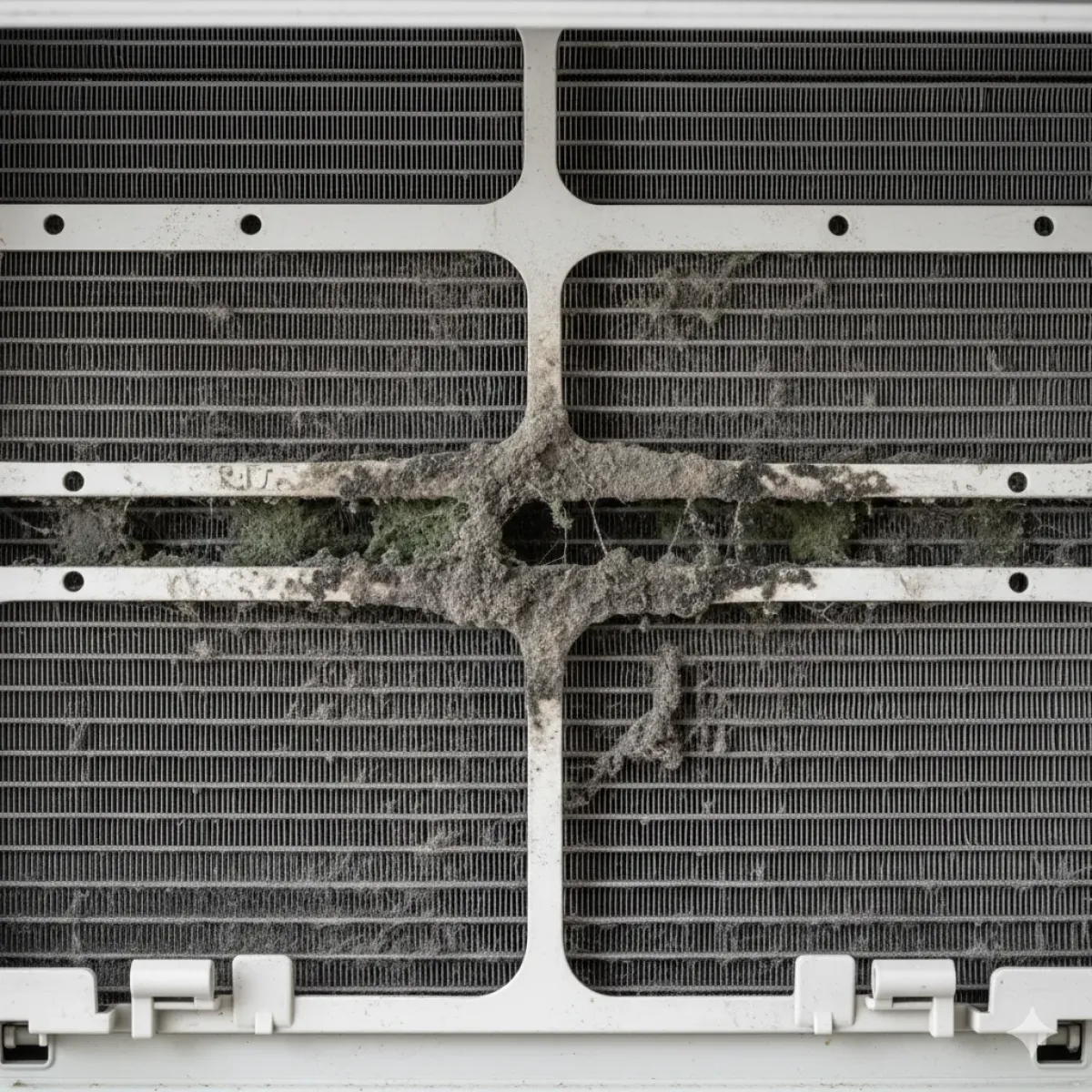 Klimadan gelen kötü kokunun ana kaynağı olan; toz, nem ve küfle kaplanmış kirli klima iç ünite peteklerinin yakından görünümü.