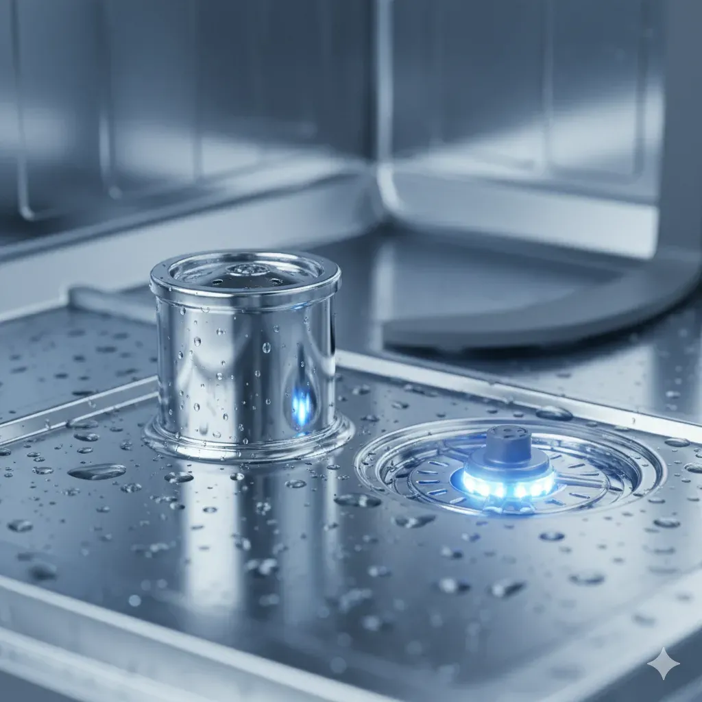 Konyaaltı'nda tamir edilmiş, filtresi ve pervanesi tertemiz görünen, su damlacıklarıyla kaplı modern bir bulaşık makinesi iç görünümü.