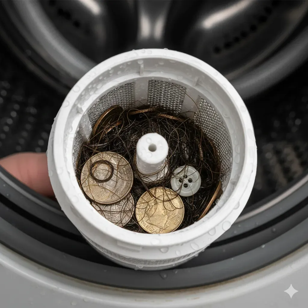 Çamaşır makinesinin suyu boşaltmamasına neden olan, bozuk para ve atıklarla tıkanmış bir pompa filtresinin yakın plan görüntüsü.