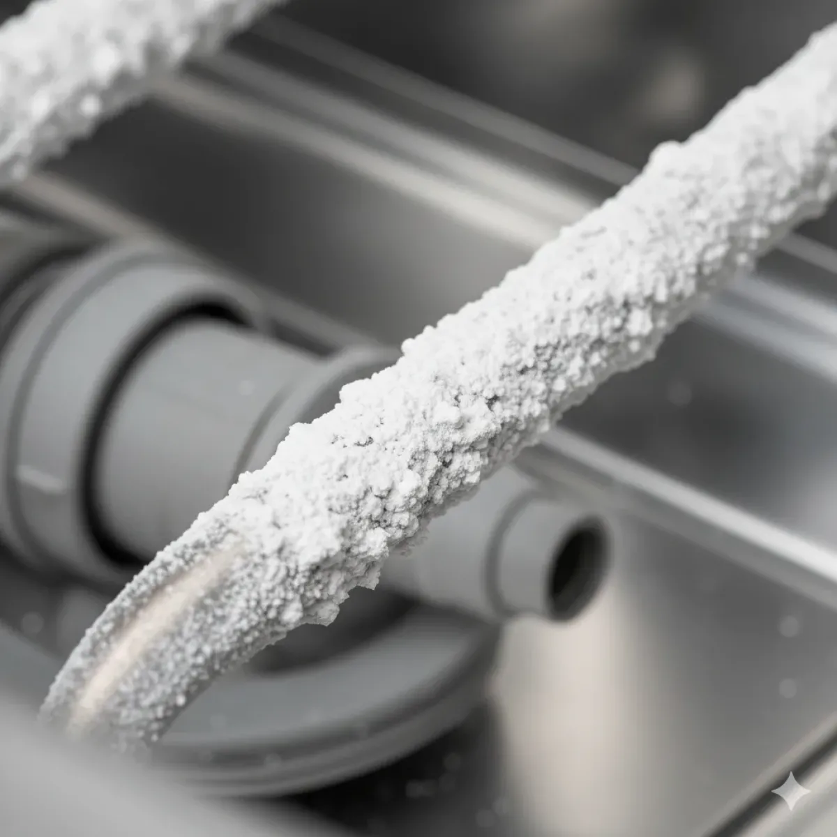 Bulaşık makinesinin suyu ısıtmamasına neden olan, yoğun kireçlenme (kireç) kaplamış arızalı bir rezistans parçasının yakın plan görüntüsü.