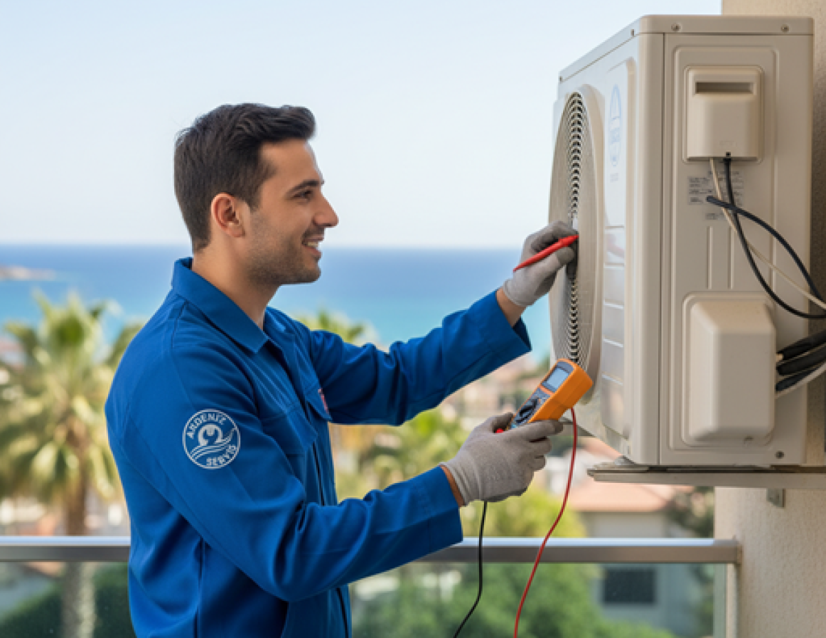 Antalya klima servisi uzmanı, Akdeniz Teknik Servis teknisyeni Antalya'da bir klimanın dış ünitesini tamir ediyor.