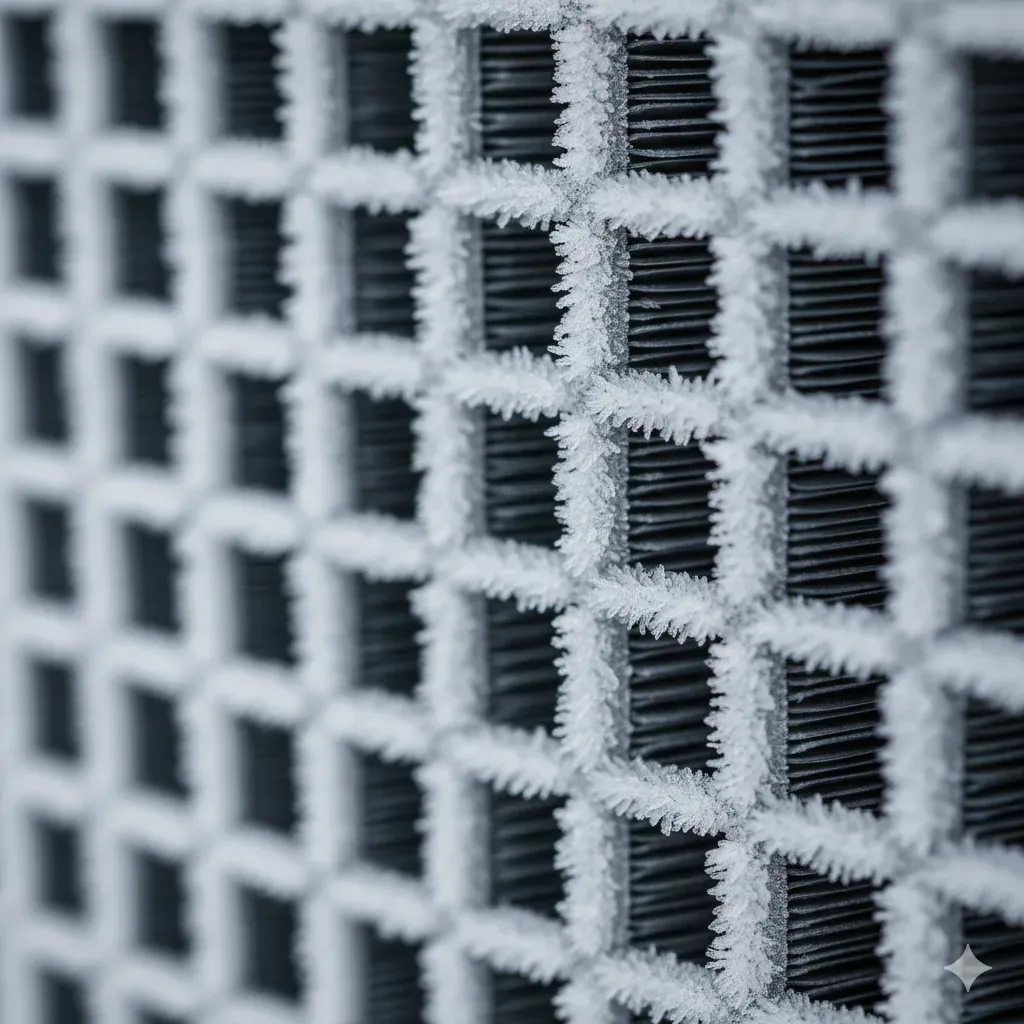 Kışın ısıtma modundayken buzlanan ve defrost (buz çözme) arızası yaşayan bir klima dış ünitesinin teknik yakın plan görüntüsü.