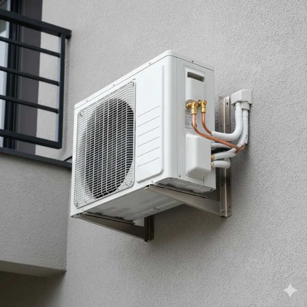 Kepez'de profesyonelce yapılmış bir klima dış ünite montajı; sağlam askı aparatı ve düzgün bakır boru bağlantıları görünüyor.